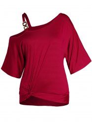 Plus Size Solid Color Skew Collar Twist Front T-shirt -  