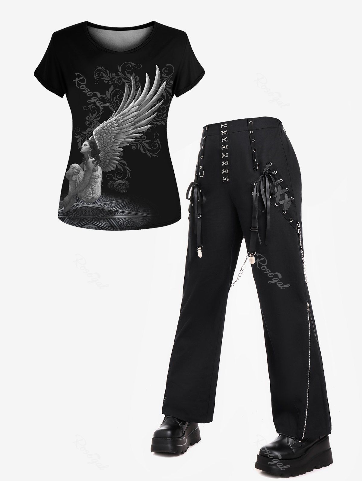 Hot Gothic Beauty Wing Print T-shirt And Gothic Hook and Eye Lace-up Zippered Chain Embellish Straight Pants Gothic Outfit  