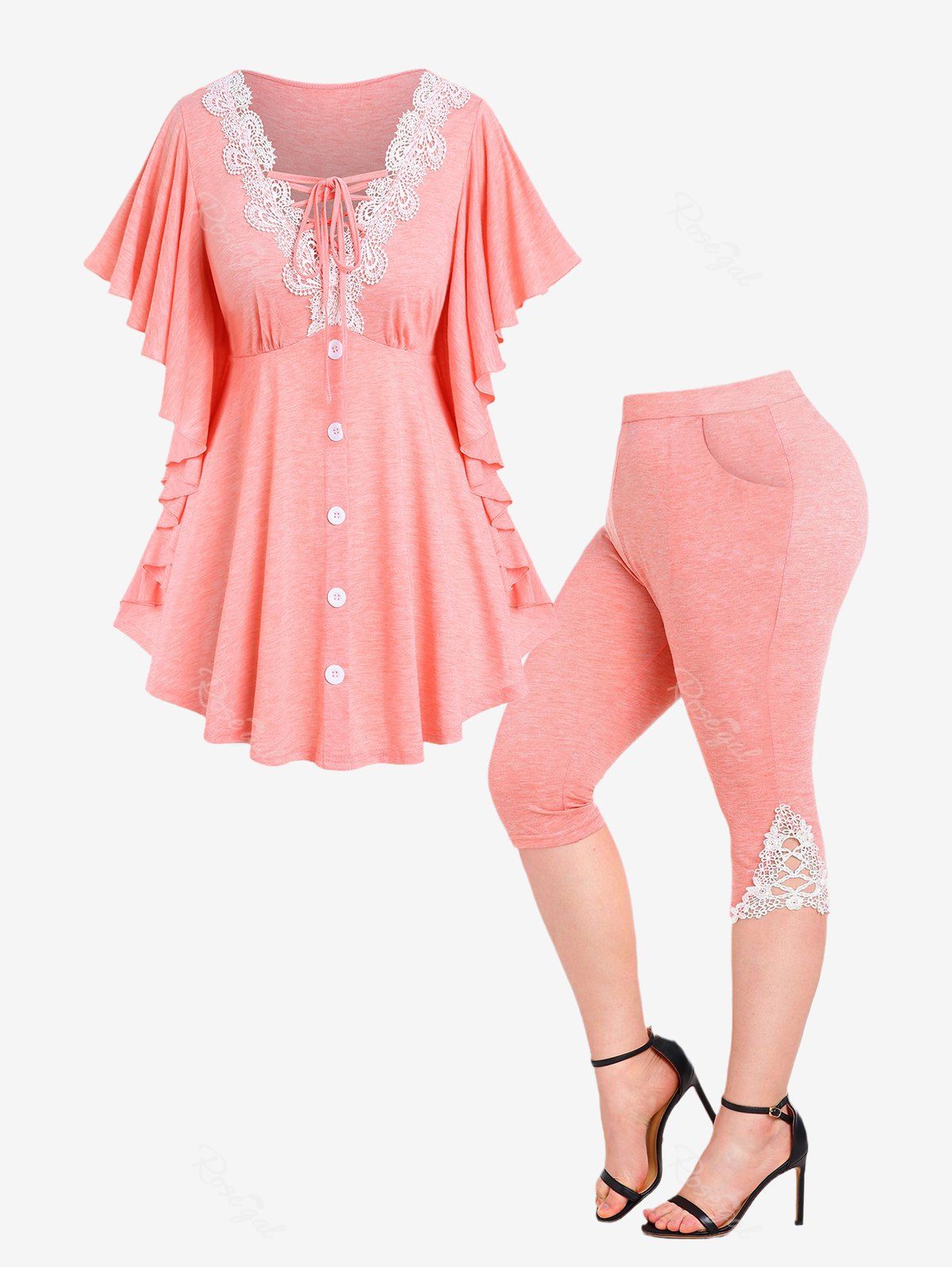 Chic Plus Size Lace Trim Lace-up Kaftan Top and Contrast Lace Panel Capri Leggings with Pockets Outfit  