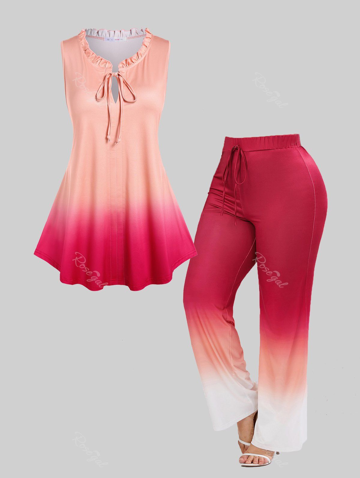 Outfits Ruffles Collar Tie Ombre Tank Top and Pull On Wide Leg Pants Plus Size Summer Outfit  