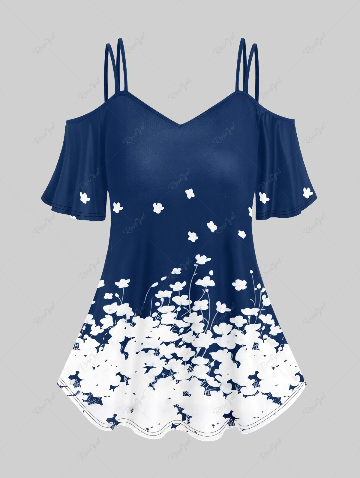 T-Shirt à Épaules Dénudées Motif Floral Grande-Taille Bleu profond 5x | US 30-32