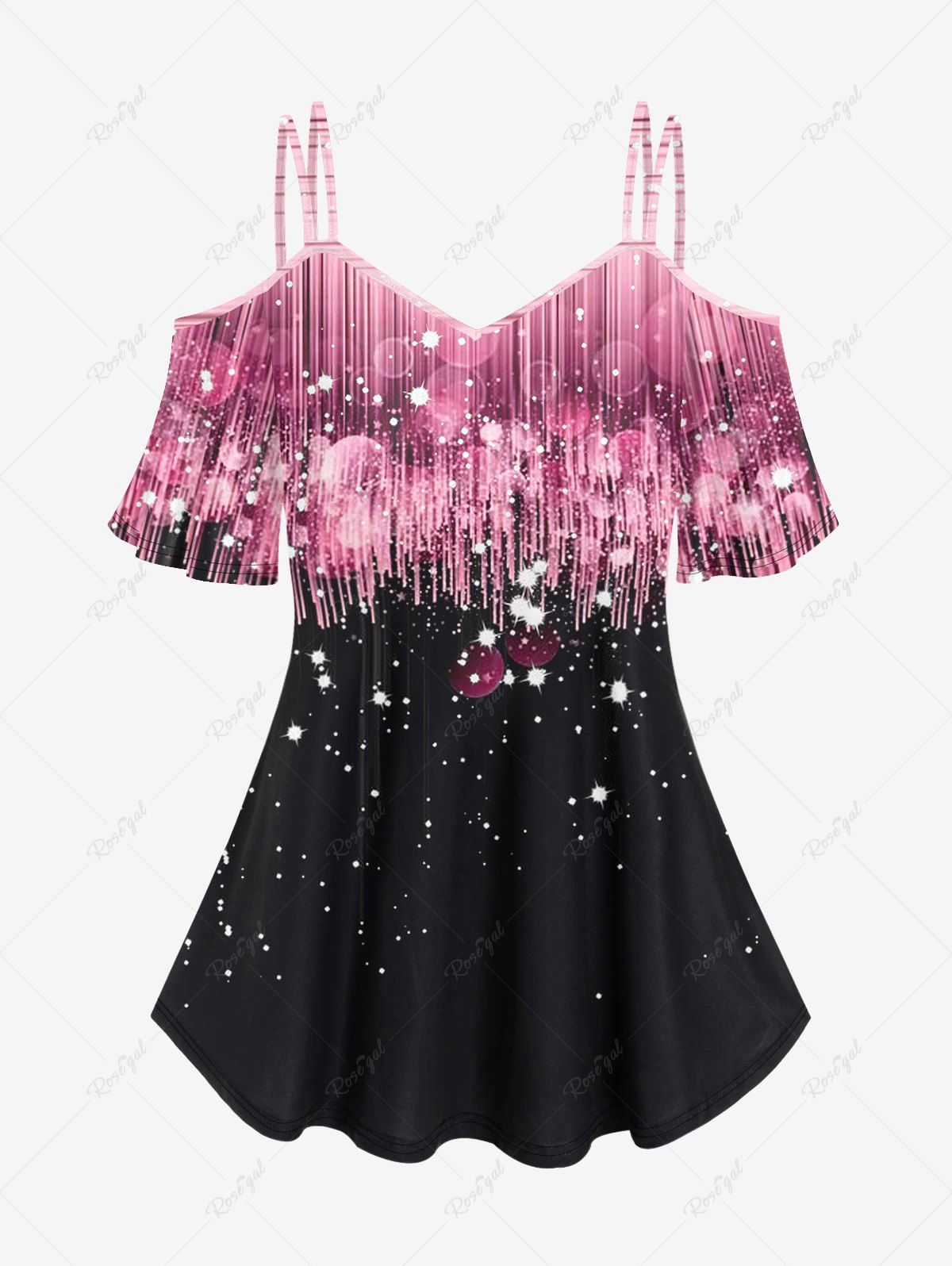 Outfits Plus Size 3D Sparkling Sequin Light Beam And Bubbles Print Cold Shoulder Tee  