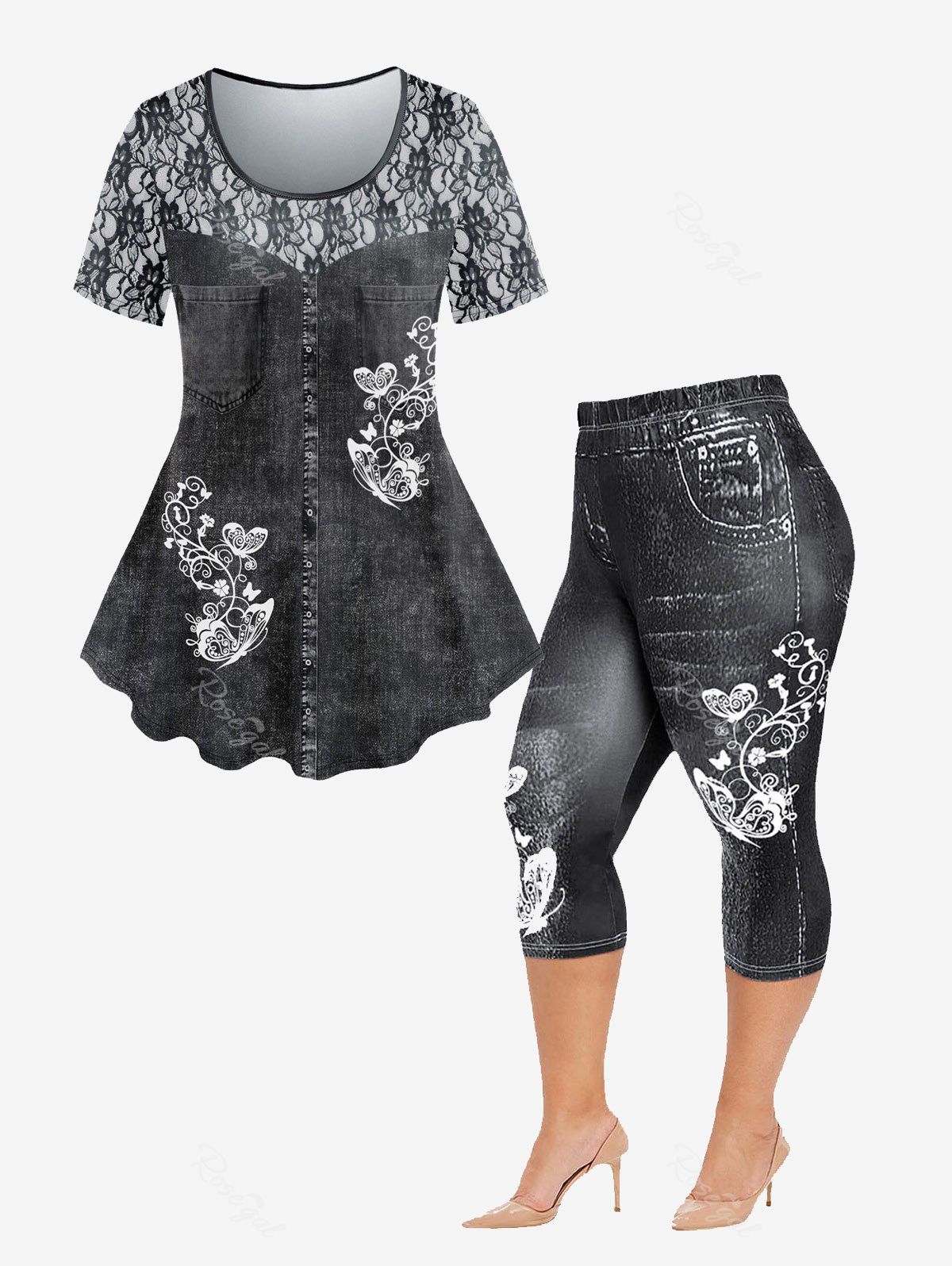 Online 3D Jeans Lace Butterfly Printed Tee and Leggings Plus Size Outfit  