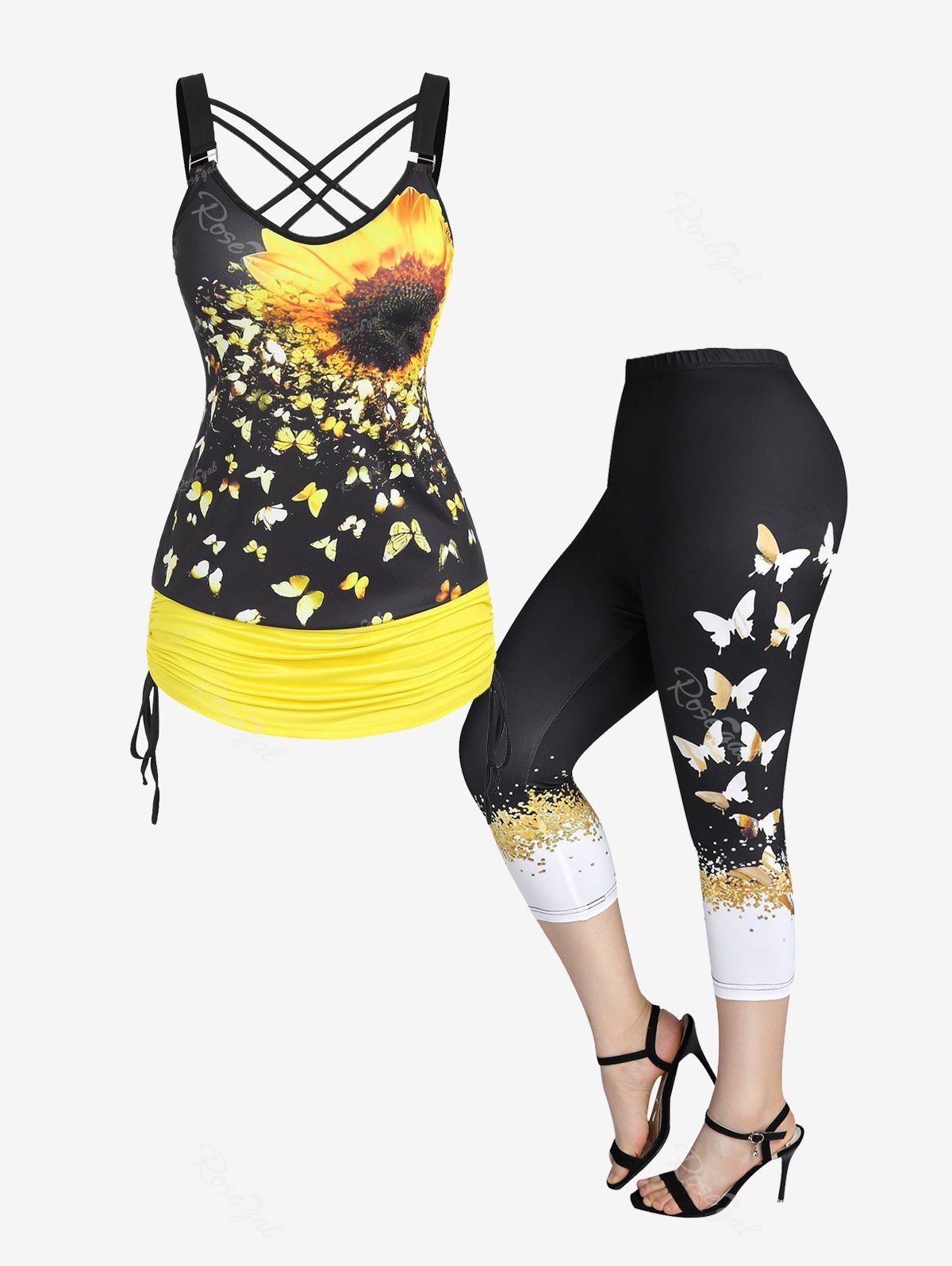 Discount Sunflower Butterfly Cinched Ruched Strappy Top and Capri Leggings Plus Size Summer Outfit  