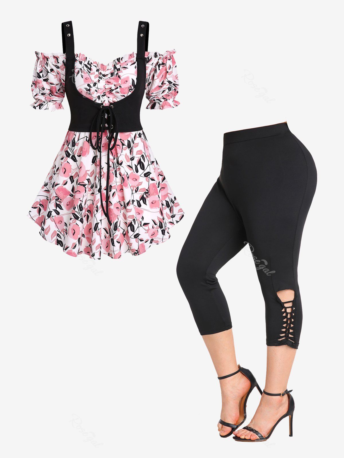 Shops Cold Shoulder Lace-up Ruffles Floral 2 in 1 Corset Tee and Capri Braided Leggings Plus Size Outfits  