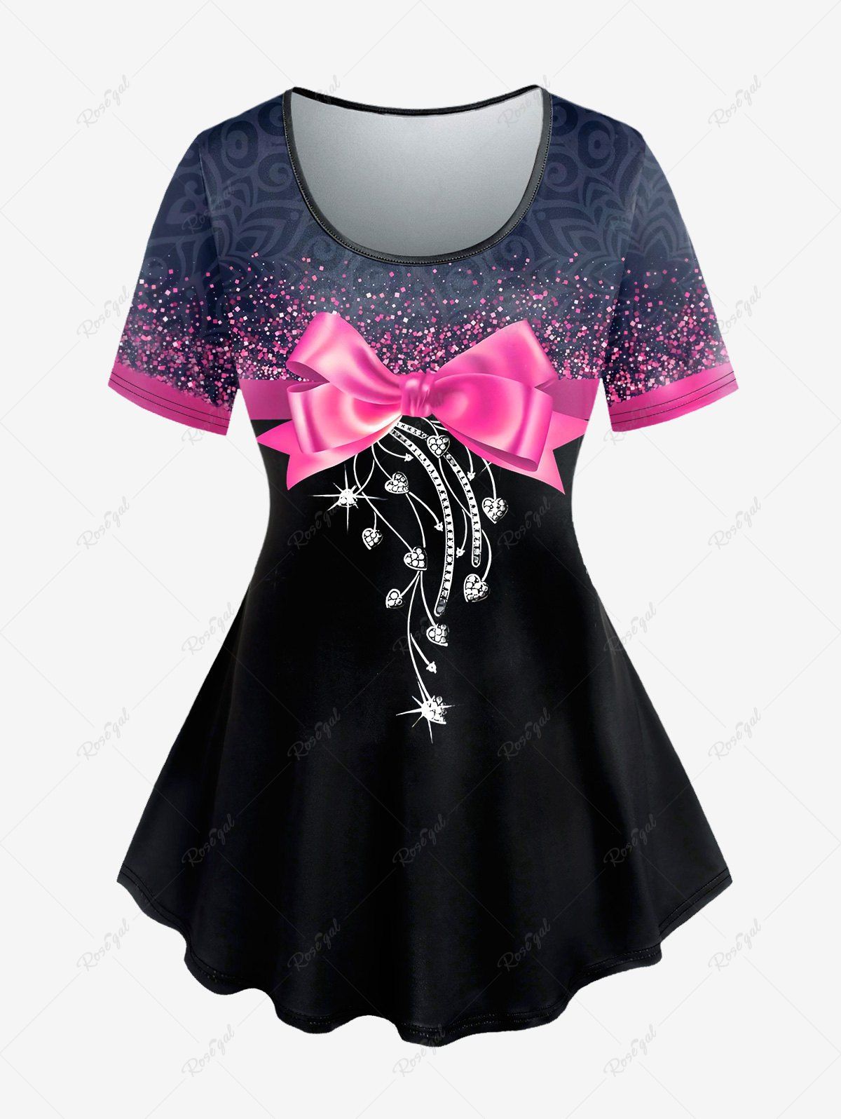 Affordable Plus Size 3D Bowknot Sparkling Sequin Flower And Heart-Shape Chain Print Short Sleeve Tee  