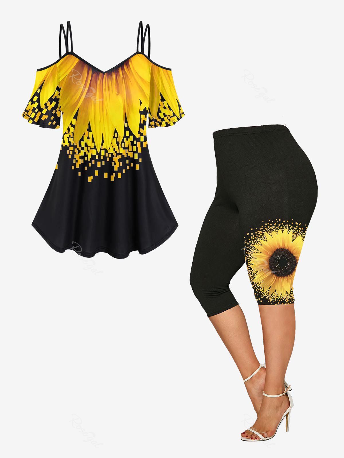 Sale Sunflower Printed Strap Off Shoulder Tee and Capri Leggings Plus Size Outfits  
