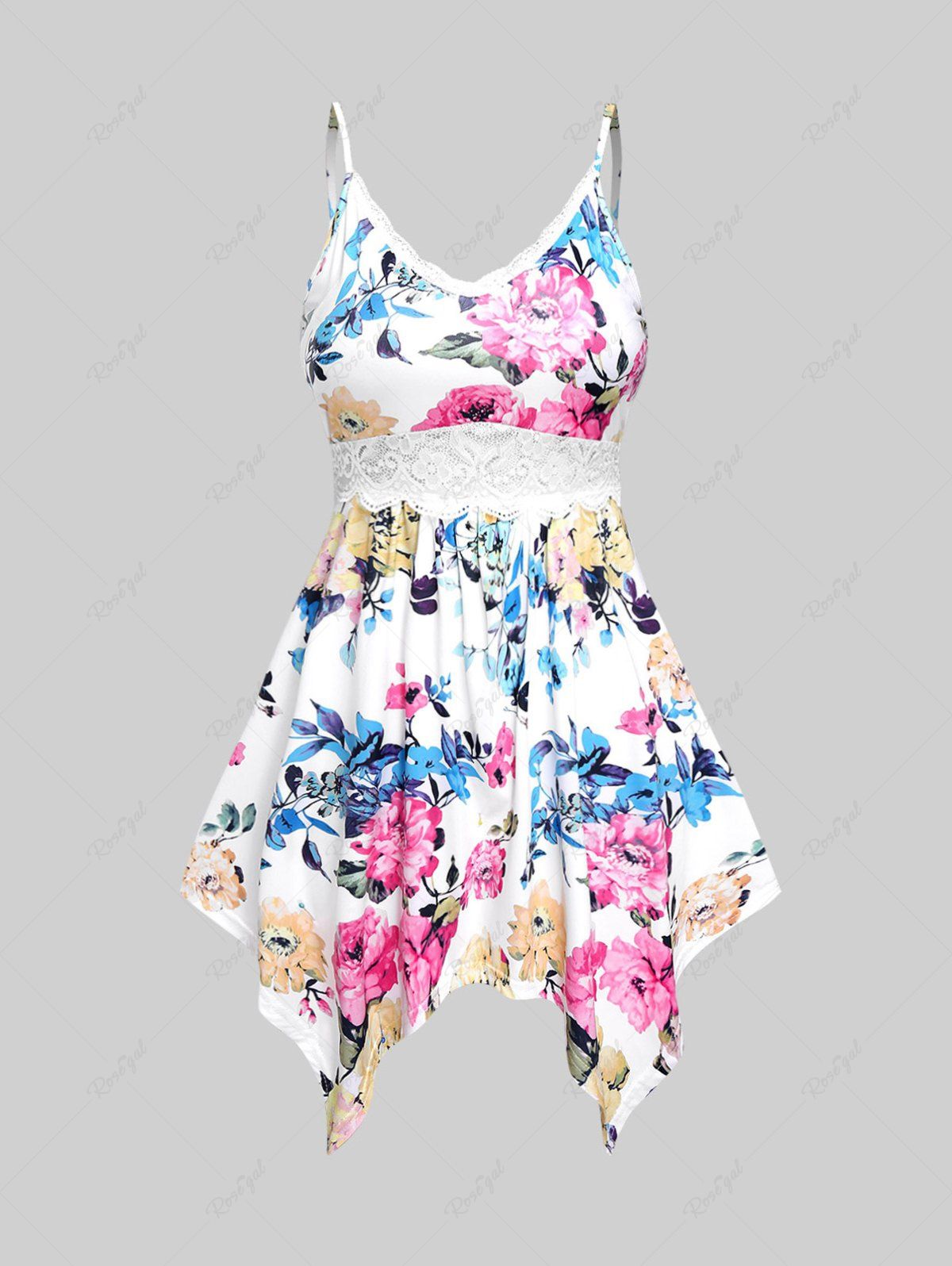 Fancy Plus Size Lace Panel High Waisted Backless Handkerchief Floral Tank Top  