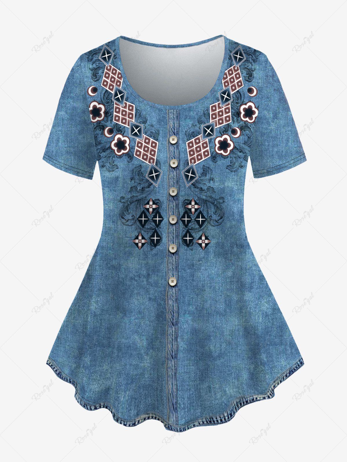 Best Plus Size 3D Jeans Geo Flower Printed Short Sleeves Tee  