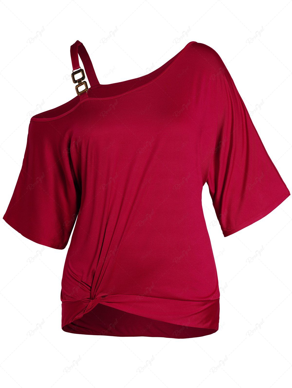 New Plus Size Solid Color Skew Collar Twist Front T-shirt  