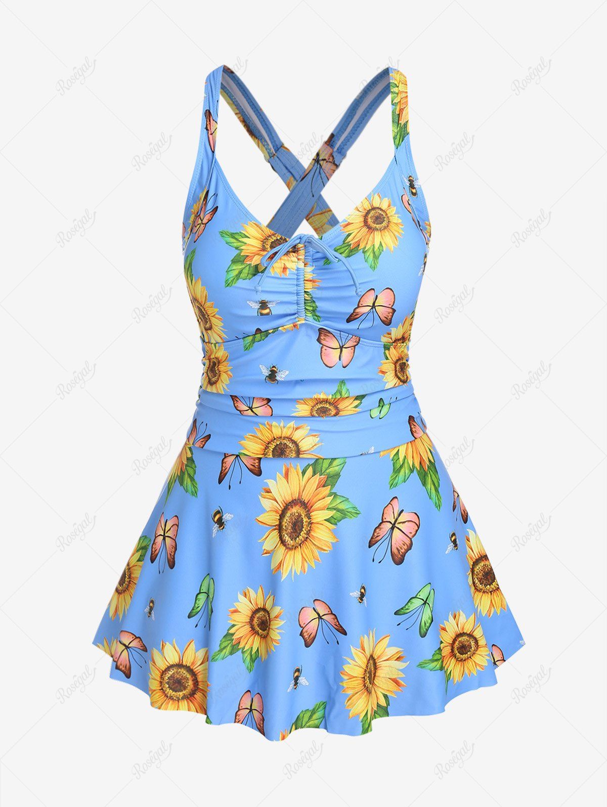 Fashion Plus Size Sunflower Butterfly Cinched Ruched Boyleg Tankini Swimsuit  