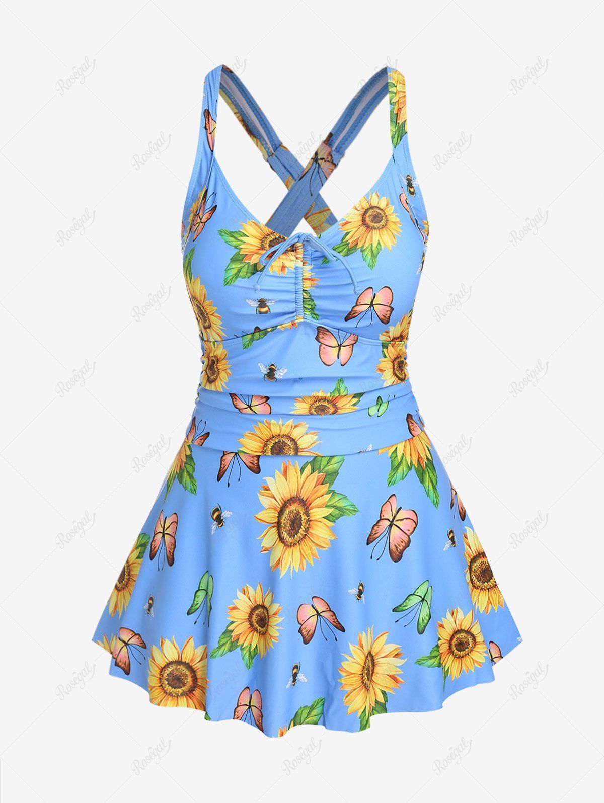 Shop Plus Size Sunflower Butterfly Cinched Ruched Boyleg Tankini Swimsuit  