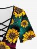 Plus Size Sunflower Galaxy Printed Crisscross Tee and Sunflower Print High Waist Capri Leggings Outfit -  
