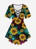 Plus Size Sunflower Galaxy Printed Crisscross Tee and Sunflower Print High Waist Capri Leggings Outfit -  