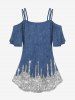 Cold Shoulder 3D Lace Up Jeans And Glitter Printed T-Shirt and Flare Pants Plus Size 70s 80s Outfit -  