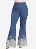 Cold Shoulder 3D Lace Up Jeans And Glitter Printed T-Shirt and Flare Pants Plus Size 70s 80s Outfit -  
