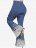Cold Shoulder 3D Lace Up Jeans And Glitter Printed T-Shirt and Flare Pants Plus Size 70s 80s Outfit -  
