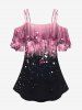 Plus Size 3D Sparkling Sequin Light Beam And Bubbles Print Cold Shoulder Tee -  