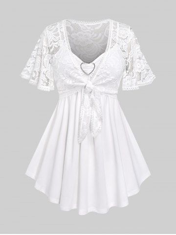 Plus Size Lace Tie Crop Top and Heart-ring Camisole Set