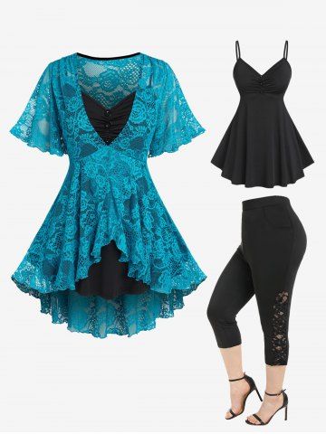 Ruched Cami Top and Lace Ruffle Butterfly Sleeve Top and Pockets Capri Leggings Plus Size Outfit