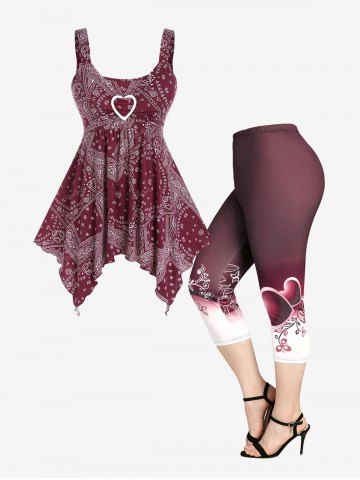 Débardeur Mouchoir Long à Imprimé Coeur et Legging Grande Taille - DEEP RED