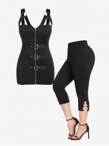 O Ring Full Zipper Buckled Tank Top and Pockets Capri Leggings Plus Size Summer Outfit - BLACK