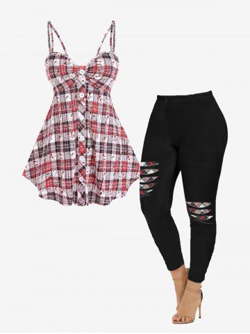 Plaid Backless Cami Top and 3D Ripped Printed Leggings Plus Size Summer Outfit - MULTI