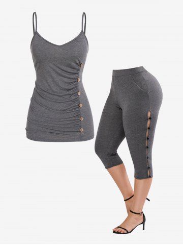 Ruched Backless Mock Buttons Cami Top and Cutout Capri Leggings Plus Size Summer Outfit - GRAY