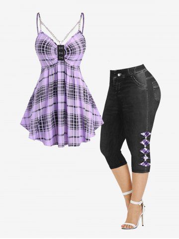 Ruched Chains Backless Plaid Tank Top and 3D Jeans Printed Plus Size Summer Outfit - PURPLE