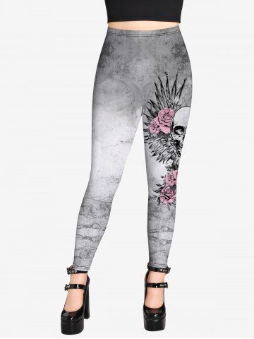 Gothic Skull Rose Wing Print Leggings
