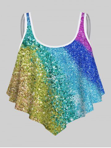 3D Glitter Printed Padded Backless Overlay Tankini Top - GREEN - 3X