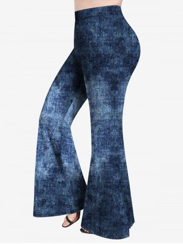 Plus Size 3D Jean Print Pull On Flare Pants - DEEP BLUE - 2X | US 18-20