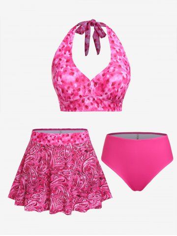 Plus Size Paisley Tie Dye Halter Backless Padded Bikini Three Piece Swimsuit - LIGHT PINK - 3X | US 22-24
