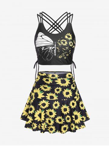 Plus Size Sunflower Butterfly Print Crisscross Strappy Skirted Tankini Swimsuit - BLACK - 4X | US 26-28