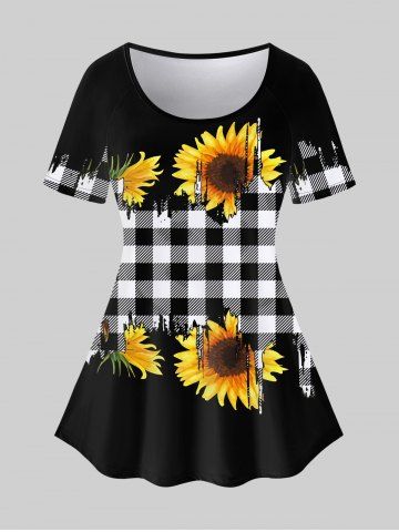 Plus Size Sunflowers And Black White Checkered Print Raglan Sleeves Tee
