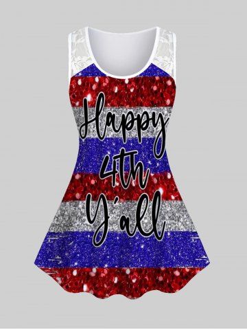 Plus Size Lace Panel Glitter Letters Printed Patriotic Tank Top
