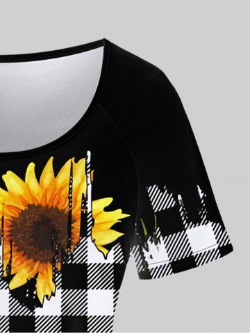 Plus Size Sunflowers And Black White Checkered Print Raglan Sleeves Tee