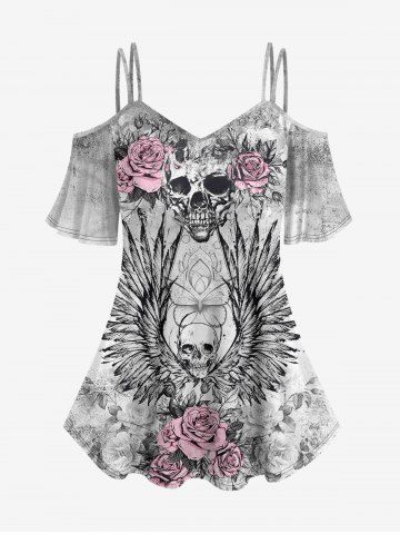 Gothic Skull Rose Wing Print Cold Shoulder T-shirt