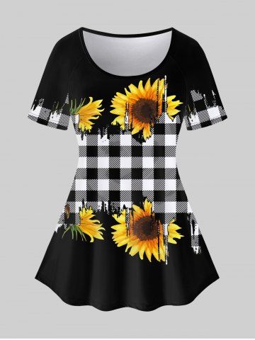 Plus Size Sunflowers And Black White Checkered Print Raglan Sleeves Tee - BLACK - 2X | US 18-20