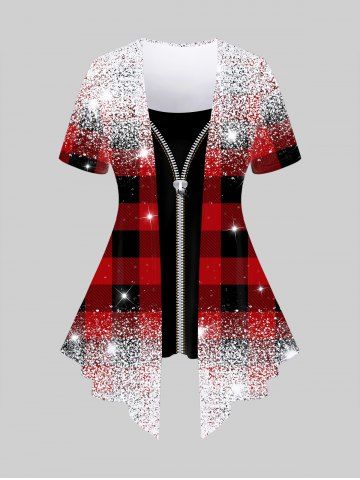 Plus Size 3D Zip Glitter Sparkling Sequin And Red Black Checkered Print Faux Two Piece Tee