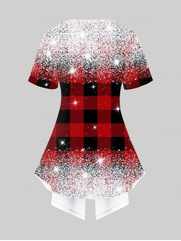 Plus Size 3D Zip Glitter Sparkling Sequin And Red Black Checkered Print Faux Two Piece Tee