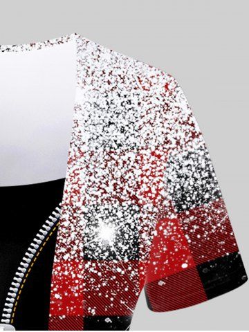 Plus Size 3D Zip Glitter Sparkling Sequin And Red Black Checkered Print Faux Two Piece Tee