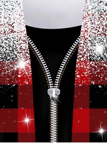 Plus Size 3D Zip Glitter Sparkling Sequin And Red Black Checkered Print Faux Two Piece Tee