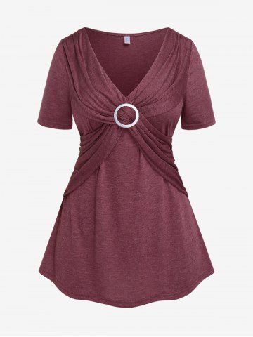 Plus Size V Neck O-ring Crisscross Ruched T-shirt - DEEP RED - L | US 12