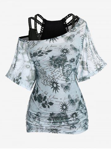 Plus Size Skew Neck Graphic Mesh Tee and Frilled Tank Top Set