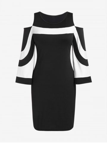 Plus Size Two Tone Cold Shoulder Sheath Dress - BLACK - 1X | US 14-16