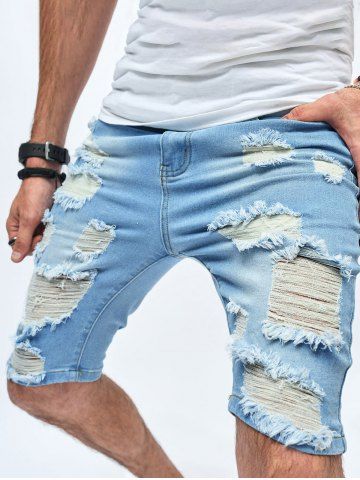 Zipper Fly Distressed Fifth Denim Shorts - LIGHT BLUE - 32