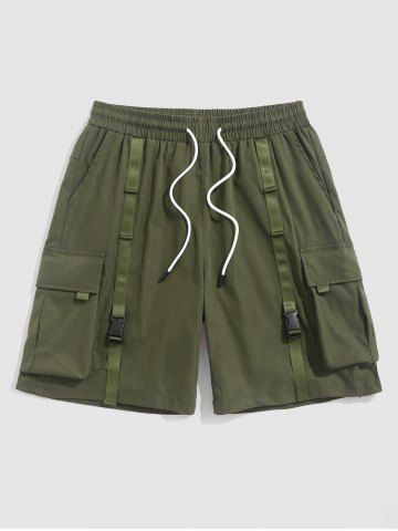 Multi Pocket Buckle Strap Design Cargo Shorts - DEEP GREEN - XS