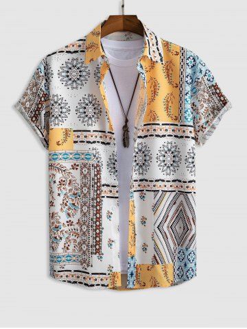 Short Sleeves Retro Floral Print Patternblock Beach Vacation Shirt - BRIGHT YELLOW - XXL