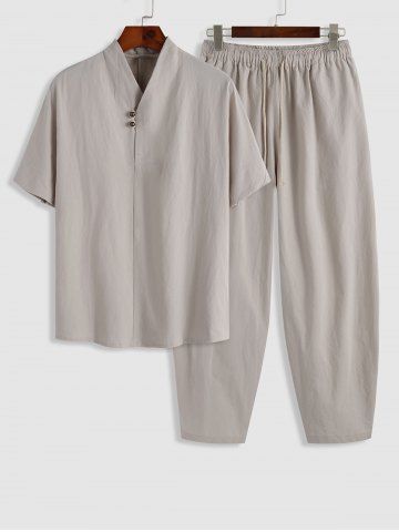 Vintage Style Cotton and Linen Textured Short Sleeves Popover Shirt and Pants Set